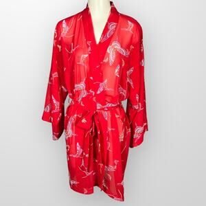 Vintage Natori (M) Wrap Robe Short Red Butterfly Sheer Kimono Belt Sash Chiffon